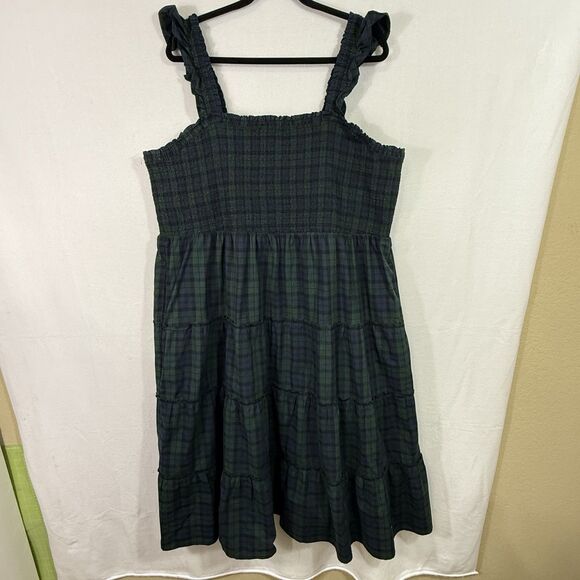 NEW Plus Size J.Crew Green Tartan Plaid Smocked Tiered Poplin Midi Dress Size 3X - Picture 1 of 11